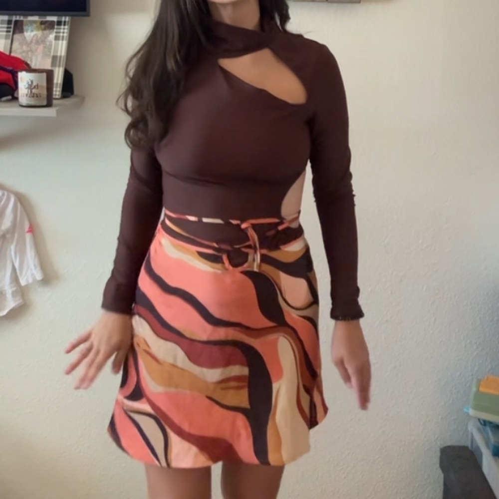 Brown retro cutout asymmetrical set with skirt